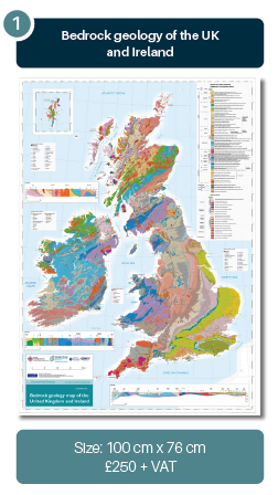 Mounted Maps 1, Bedrock geology of the UK and Ireland, Size 100 cm x 78 cm, £250 + VAT. 